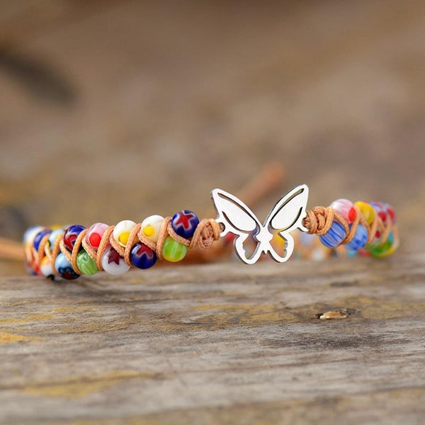 Handmade Beautiful Rhinestone Butterfly Bracelet - Adjustable Macrame  Bracelet - Glass Beads & Clear Quartz
